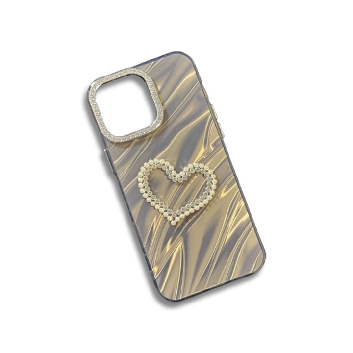 “3D Diamond Heart iPhone Case – Matte Golden Wave Finish” “Crystal Pearl Heart Design iPhone Case for Girls – Hard Back” “Elegant 3D Heart iPhone Cover with Matte Finish and Drop Protection”
