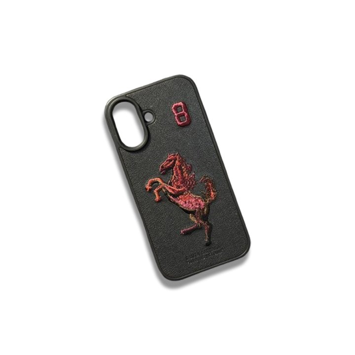 "Polo Case for iPhone 16 Pro Max in Desert with Embroidered Horse" "Black Polo iPhone 16 Case with Red Horse Embroidery" "Stylish Embroidered Case for iPhone 16 Pro Series"