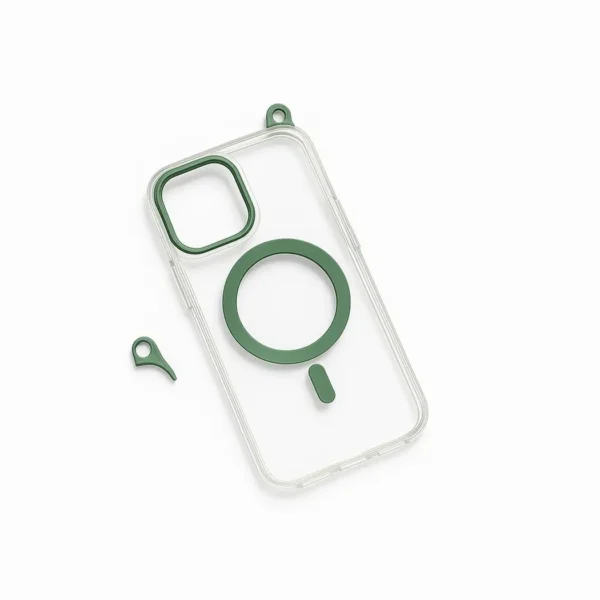 “Clear iPhone Case with MagSafe and Side Strap Hook – Transparent Design” “Hard Plastic Apple MagSafe Case with Strap Attachment” “MagSafe-Compatible iPhone Cover – Side Hook for Wrist or Neck Lanyard”